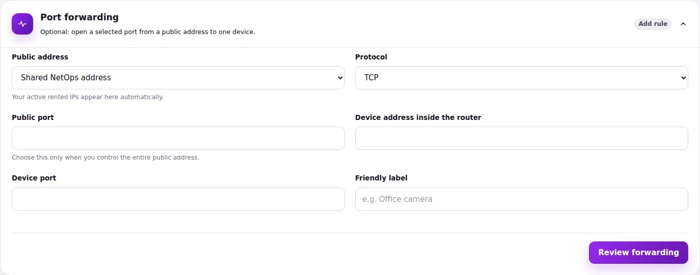 Port-forwarding controls for dedicated and shared public addresses